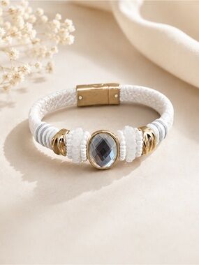 White Textured Leather Wrap Bracelet with Faceted Crystal Accent
